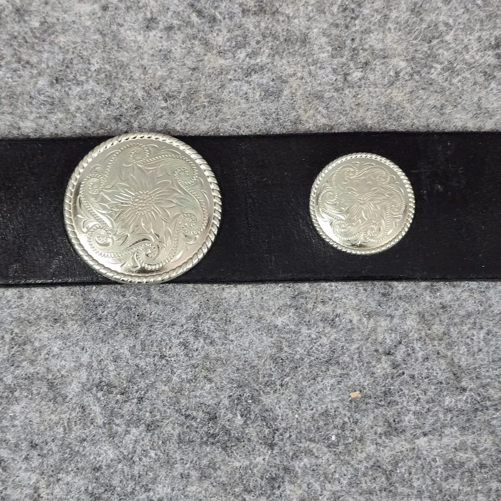 VTG‎ Jacobs Leather Western Belt Teens Small Black Concho Rose Buckle USA